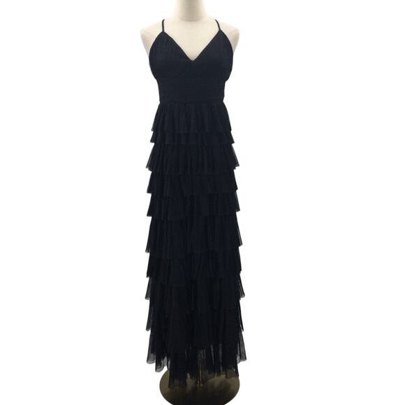 LULU'S SZ S Radiant Event Black Mesh Tiered Pleated Backless Maxi Dress NEW B116 - Picture 3 of 9